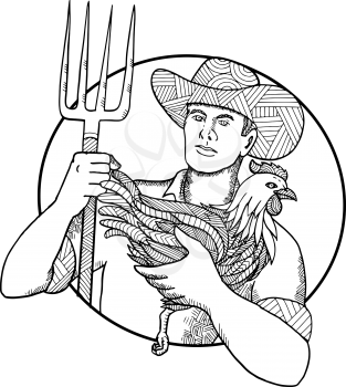 Zentagle inspired and tangled mandala illustration of a farmer holding a chicken, bird or hen on one hand and pitchfork on the other set inside circle on isolated background.