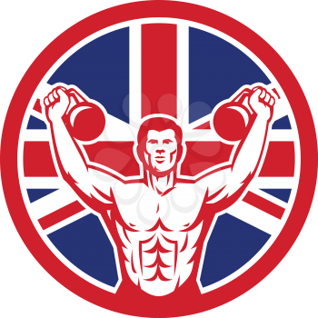 Icon retro style illustration of a British physical fitness buff training with kettlebell  and United Kingdom UK, Great Britain Union Jack flag set inside circle on isolated background.
