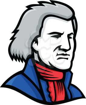 Mascot icon illustration of head of Thomas Jefferson, an American Founding Father and the third President of the United States  viewed from side on isolated background in retro style.