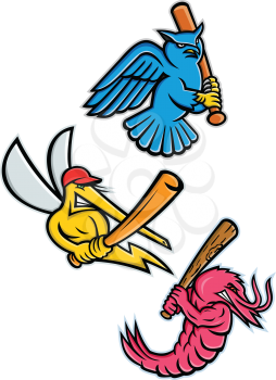 Sporting mascot icon illustration set of wildlife as baseball player like the great horned owl,  tiger owl or hoot owl, mosquito, king prawn or jumbo shrimp, batting with baseball bat on isolated background in retro style.