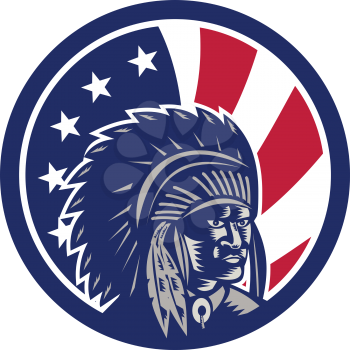 Icon retro style illustration of Native American Indian chief wearing war bonnet, a feathered headgear with United States of America USA star spangled banner or stars and stripes flag inside circle.