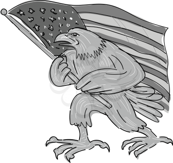 Illustration of an American Bald Eagle Waving USA stars and stripes Flag done in Cartoon style.