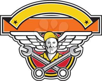 Icon retro style illustration of a crew chief or aircraft mechanic with crossed spanner or wrench and aviator or army wings set inside circle with banner in foreground on isolated background.