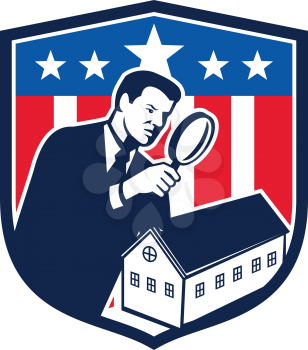 Icon retro style illustration of an American school inspector with magnifying glass and United States of America USA star spangled banner or stars and stripes flag inside circle isolated background.