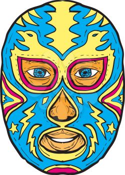 Illustration of a Luchador Mask with Eagle, Star and Lightning Bolt viewed from front done in Drawing hand-sketched style on isolated background