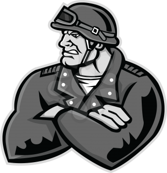 Mascot icon illustration of bust of a male biker or motorcycle club rider wearing a vintage helmet with arms crossed looking to side on isolated background in retro style.