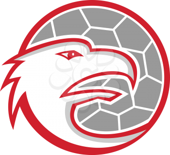 Mascot icon illustration of head of a European eagle inside handball, fieldball or team handball ball viewed from side on isolated background in retro style.