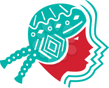 Icon style illustration of Peruvian South American girl viewed from side on isolated background.