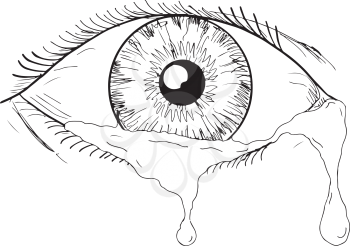 Drawing sketch style illustration of a human eye crying and blinking with tears flowing isolated on white background.