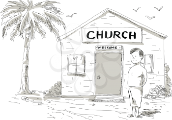 Cartoon style illustration of a skinny shirtless Samoan boy wearing lavalava standing by, beside or in front of church with coconut tree behind.