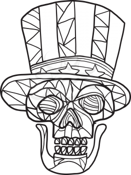 Mosaic low polygon style illustration of head of a skull of Uncle Sam mascot wearing an American stars and stripes top hat viewed from front on isolated white background in black and white.