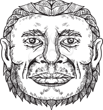 Doodle art illustration of head of male Neanderthal ,Neandertal or Homo neanderthalensis, an archaic human that became extinct front view in black and white done in mandala style.