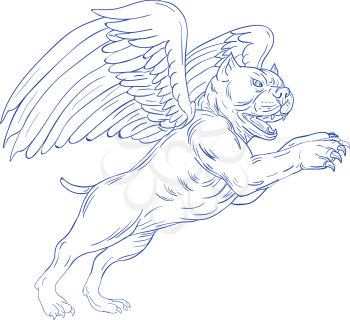 Drawing sketch style illustration of an American bully dog with angel wings prancing jumping viewed from side on isolated background.