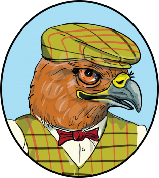 Drawing sketch style illustration of head of a hawk or falcon outdoorsman or hunter  wearing a flat cap or bunnet and vest looking to side set inside oval on isolated white background.