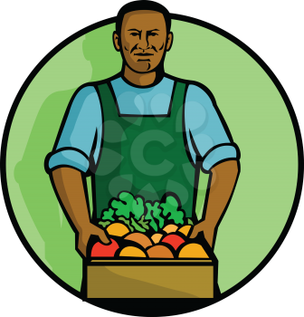 Mascot illustration of a black African American green grocer or greengrocer holding fruit and vegetable produce set in circle on isolated white background done in retro style.