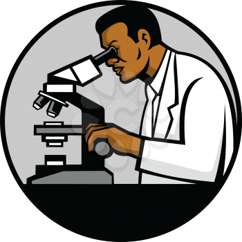 Mascot illustration of a black African American research scientist or researcher looking thru a microscope set inside circle on isolated white background done in retro style.