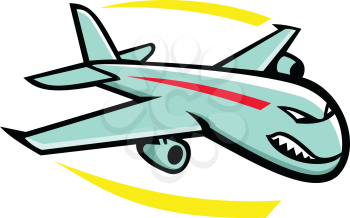 Mascot icon illustration of an angry wide-body commercial jet airliner and cargo aircraft flying in full flight viewed from side on isolated background in retro style.