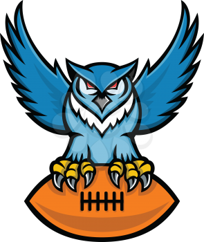 Mascot icon illustration of a great horned owl, tiger owl or hoot owl, a large owl native to the Americas, clutching an American football ball viewed from front on isolated background in retro style.