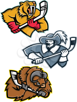 Mascot icon illustration set of ice hockey sporting mascots like the saber toothed tiger or sabre-toothed cat, musketeer or cavalier, musk ox or muskox holding an ice hockey stick  on isolated background in retro style.