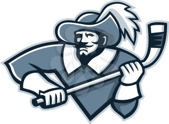 Mascot icon illustration of bust of a musketeer holding an ice hockey stick viewed from front on isolated background in retro style.