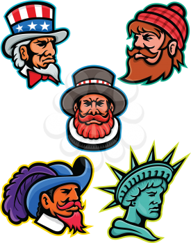 Mascot icon illustration set of heads of American and British mascots such as Uncle Sam, Paul Bunyan lumberjack, Beefeater or Yeoman, Cavalier or Musketeer and Lady Liberty or Libertas on isolated background in retro style.