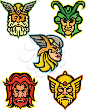 Mascot icon illustration set of heads of Norse gods such as Odin, Wodan, Woden or Wotangod, Loki, valkyrie warrior, Baldr, Balder or Baldur and Thor   on isolated background in retro style.