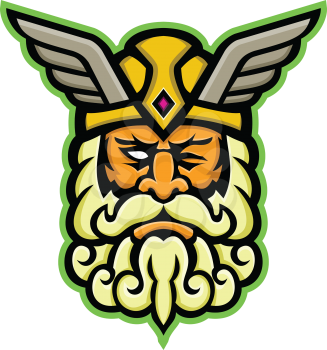Mascot icon illustration of head of  Odin, also called Wodan, Woden, or Wotan, one of the principal gods in Norse mythology viewed from front on isolated background in retro style.