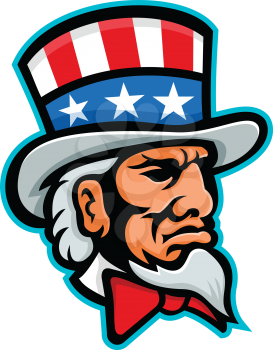 Mascot icon illustration of head of Uncle Sam, a popular symbol of the US government in American culture and patriotism, wearing a top hat with USA flag viewed from side done in retro style.