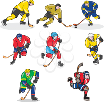 Set or collection of cartoon character mascot style illustration of an ice hockey player full body on isolated white background.
