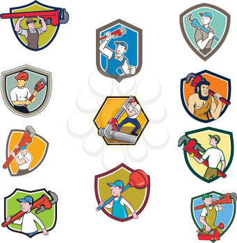Set or collection of cartoon character mascot style illustration of a plumber contractor in overalls and hat carrying monkey wrench and toolbox set in crest or shield on isolated white background.