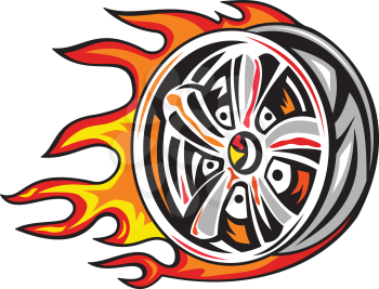 Illustration of a Flaming Wheel Rim on fire viewed from side on isolated background done in retro style.