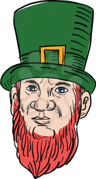 Illustration of a leprechaun, a type of fairy in Irish folklore, with beard and a top hat done in drawing style.