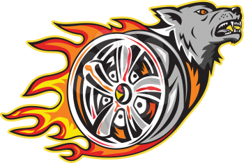 Illustration of an angry Wolf head on Flaming Wheel Rim viewed from side on isolated background done in retro style.
