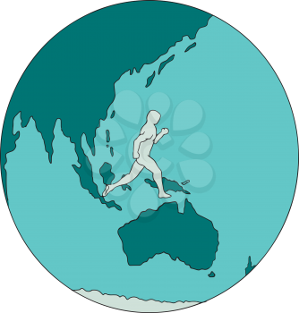 Drawing sketch style illustration of a marathon runner running around the world on isolated background.