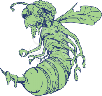 Cartoon style illustration of a zombie bee with eyes popping off and exposed brain set on isolated background.