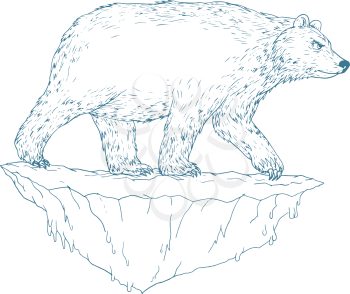Ukiyo-e or ukiyo style illustration of a polar bear walking on floating iceberg viewed from side on isolated background.