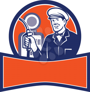 Retro style illustration of a vintage gas station attendant holding a fuel nozzle with petrol station set inside circle with banner below on isolated background.