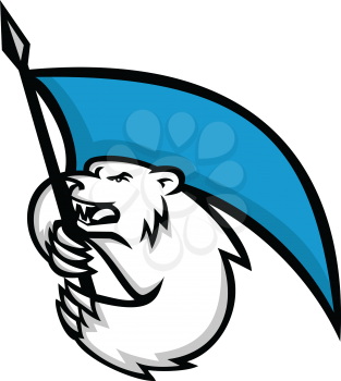 Mascot icon illustration of an angry polar bear brandshing a blue flag viewed from  side on isolated background in retro style.