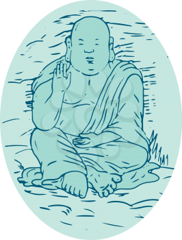Drawing sketch style illustration of Gautama Buddha, also known as Siddhartha Gautama, Shakyamuni Buddha, an ascetic and sage in lotus sitting pose set inside oval.