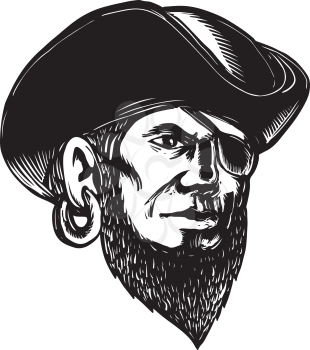 Scratchboard style illustration of a pirate wearing eye patch and tricorne hat done on scraperboard on isolated background.