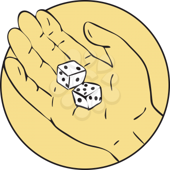 Drawing sketch style illustration of a  hand rolling throwing tossing a pair of dice set inside circle on isolated white background.