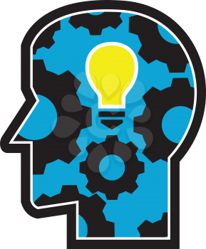 Icon retro style illustration of a human head with glowing light bulb and mechanical gear or cog turning viewed from side view on isolated background.