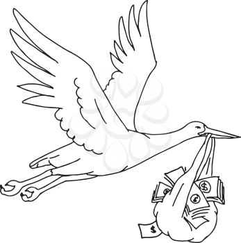 Drawing sketch style illustration of a stork, crane, heron or ibis, a large, long-legged, long-necked wading bird with long, stout bill carrying or delivering a money bag while flying.