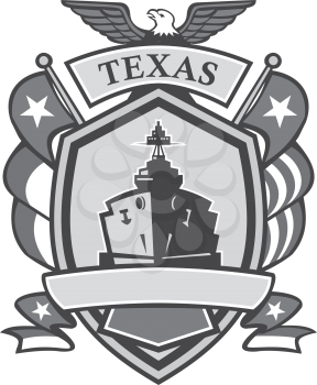 Mascot icon illustration of badge of a grayscale or greyscale Texas battleship with American eagle and Lone Star state flag on side viewed from front in shield on isolated background in retro style.
