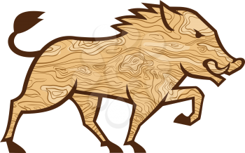 Retro style illustration of a wood or wooden boar marching viewed from side with wood grain on isolated background.
