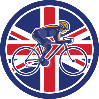 Icon retro style illustration of a British cyclist cycling riding a racing road bicycle viewed from side with United Kingdom UK, Great Britain Union Jack flag set inside circle on isolated background.