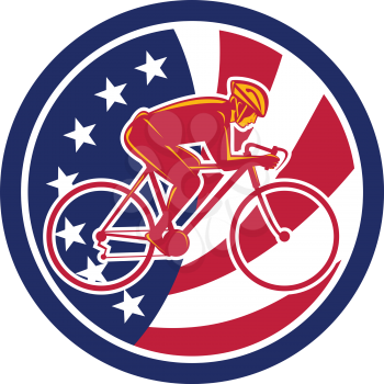 Icon retro style illustration of an American cyclist cycling riding racing road bicycle viewed from side with United States of America USA star spangled banner or stars and stripes flag inside circle.

