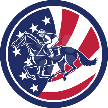 Icon retro style illustration of an American jockey or equestrian horse racing viewed from side with United States of America USA star spangled banner stars and stripes flag inside circle background.