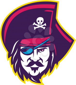 Mascot icon illustration of head of a privateer, corsair or pirate wearing a cocked or tricorne  tricon hat with eye patch viewed from front on isolated background in retro style.
