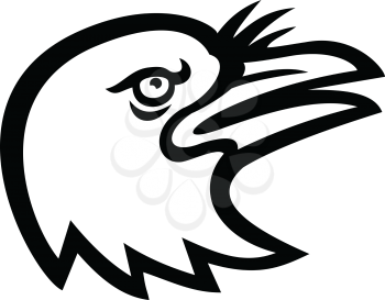 Mascot icon illustration of head of an American crow, a large passerine bird species of the family Corvidae, looking up viewed from side on isolated background in retro style.